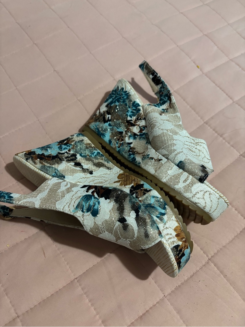 Floral Embroidered Slingback Wedge Heels in Blue and Cream